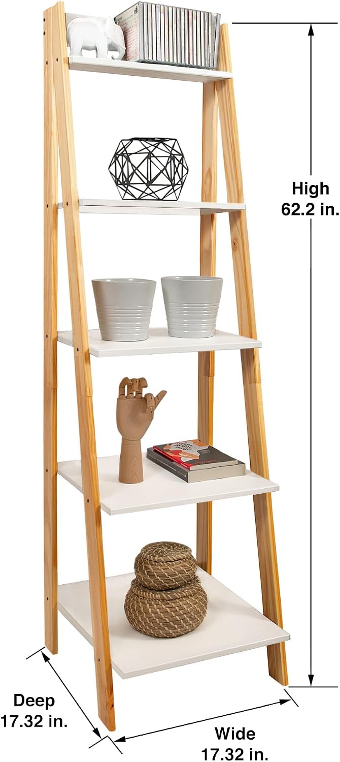 Jela-USA Solid Pine Wood 5 Shelf Ladder Bookshelf, White & Natural