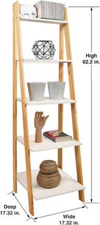 Jela-USA Solid Pine Wood 5 Shelf Ladder Bookshelf, White & Natural