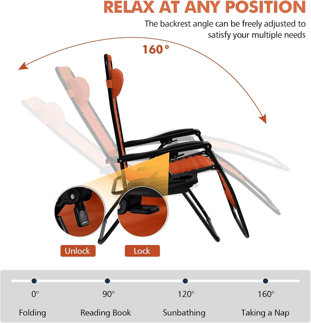 Tangkula Zero Gravity Chair, Folding Patio Lounge Chair Adjustable Outdoor Recliner with Cup Holder, Wide Armrest for Patio Garden Poolside Outdoor Yard Beach, Support 350 lbs (2, Orange)