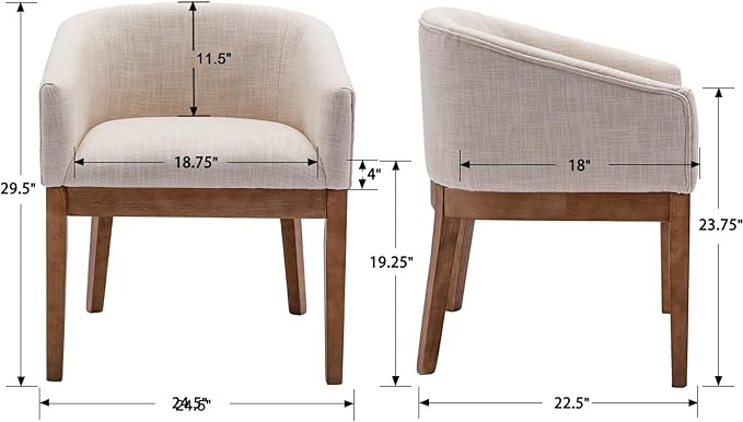 Mid Century Modern Upholstered Barrel Dining Chairs with Arms Set of 6, Farmhouse Linen Kitchen & Dining Room Chairs with Natural Hardwood Frame, 18" W Accent Chairs for Living Room Bedroom, Beige