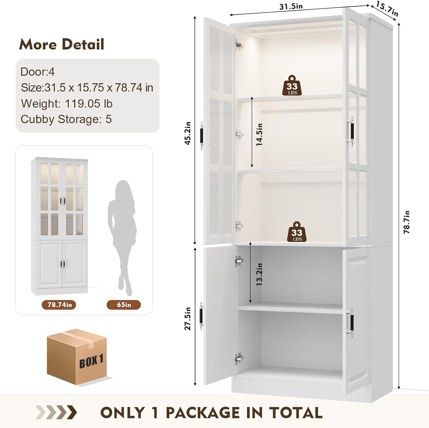 MEISSALIVVE Kitchen Pantry Storage Cabinet with LED Lights, 78.7" Tall with Glass Doors & Drawers, Freestanding Utility Cabinet, White (31.5" W x 15.7" D)