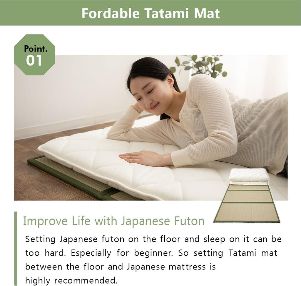 EMOOR Japanese Futon Mattress Premium CLASSE and Tatami Mat Set Twin, Floor Sleeping Mat Sikibuton Igusa Natural Cotton