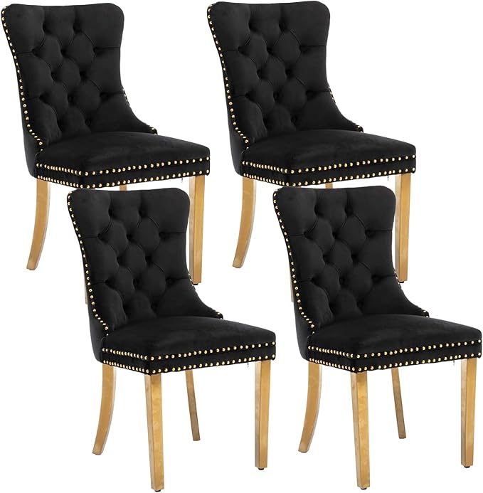 Black Velvet Dining Chairs Set of 4, Upholstered Dining Room Chairs with Back Ring Pull Trim and Golden Stainless Steel Legs,Modern Dining Chairs for Dining Room,Kitchen(Black)