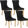 Black Velvet Dining Chairs Set of 4, Upholstered Dining Room Chairs with Back Ring Pull Trim and Golden Stainless Steel Legs,Modern Dining Chairs for Dining Room,Kitchen(Black)