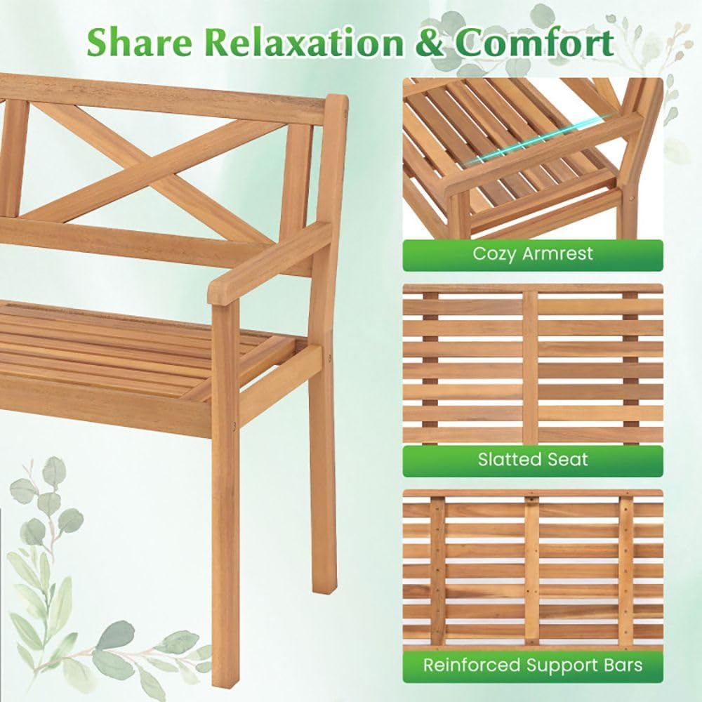 2-Person Acacia Wood Garden Chair Armrests Backrest 44in Seat Width 800lb Cap...