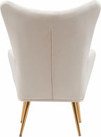 Container Furniture Direct Modern Chic Mid-Century Velvet Accent Armchair for Living Room, Bedroom, or Home Office, Button-Tufted Wingback Design with Gold Flared Legs, Ivory
