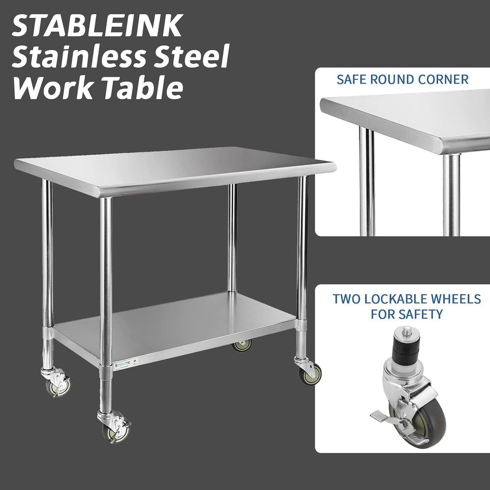 STABLEINK Stainless Steel Table with Wheels 36x24 Inches 3ft for Prep
