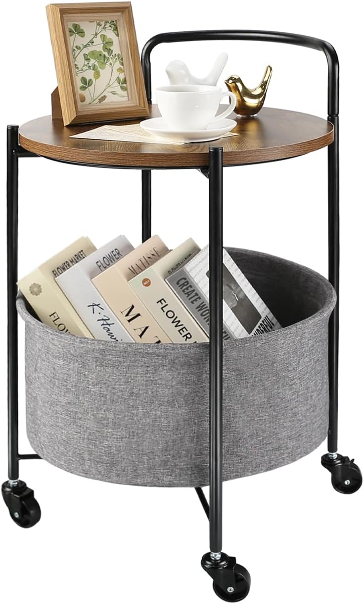 Rolling Round Metal Side Table,2-Tier Storage Side Table with Wheels,End Coff...