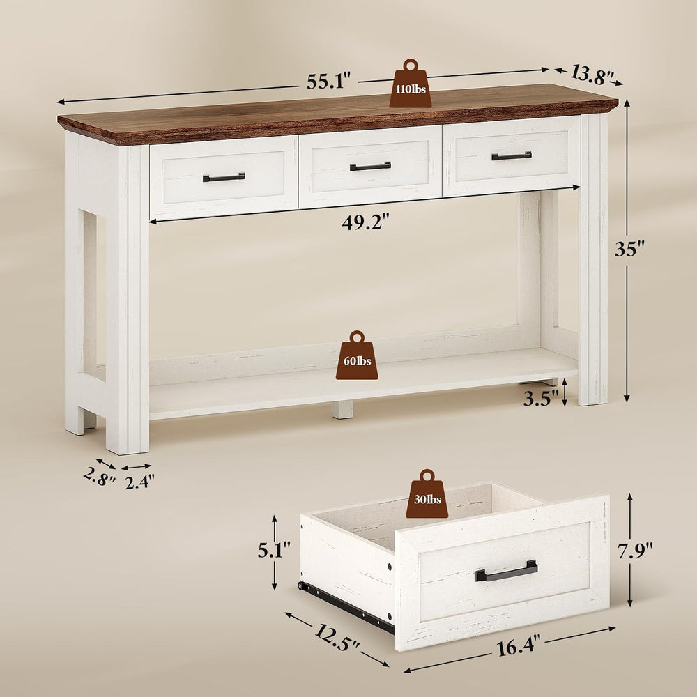 55" Farmhouse Console Table with 3 Drawers, Rustic Entryway Table with O...