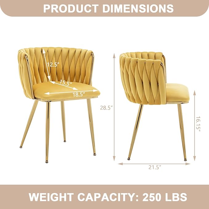 Kiztir Velvet Dining Chairs Set of 6 Woven Dining Chairs with Gold Metal Legs Upholstered Modern Dining Room Chair for Living Room, Bedroom, Kitchen (Yellow, Set of 6)