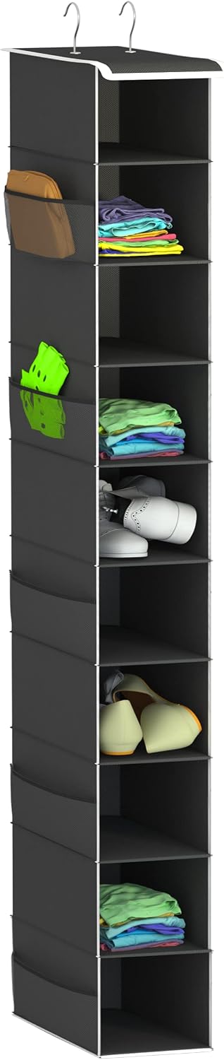 Libeder 10-Shelf Hanging Shoe Organizers with Side Pockets, Black | Hanging Closet Organizer with Side Pockets for Wardrode,Dorm, Folding Shoe Racks, Space Saving Hanging Shelves with Hooks