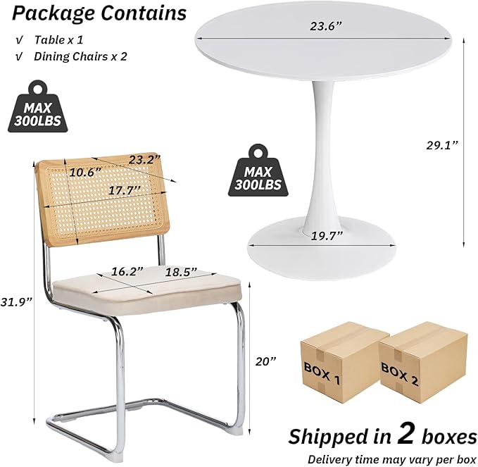 SoarFlash Kitchen Table and Chairs for 2, 24" Dining Table Set for 2 with Velvet Upholstered Chairs, 3 Piece Round Kitchen Table Set, Dining Room Table Set for Small Space, Apartment