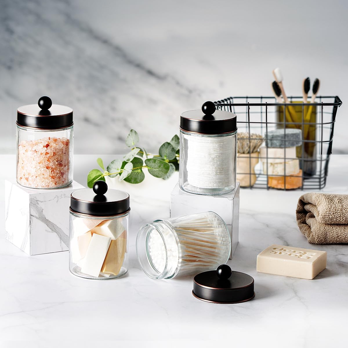 Amolliar 6 Pack Apothecary Jars Bathroom Vanity Organizer- Rustic Farmhouse Decor Storage Canister with Stainless Steel Lids- Qtip Dispenser Holder for Q-Tips,Cotton Swabs,Rounds,Ball,Flossers