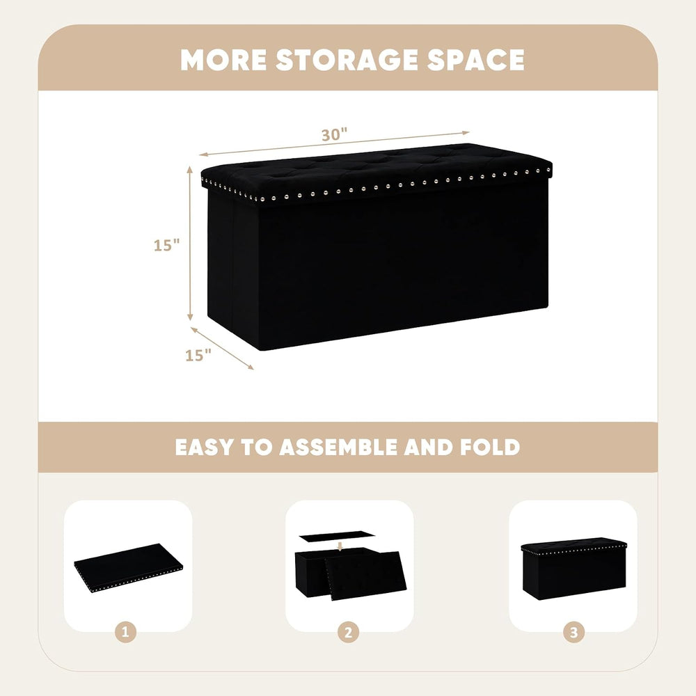 PINPLUS Folding Storage Ottoman Bench, Black Velvet | Compact Storage Chest w...