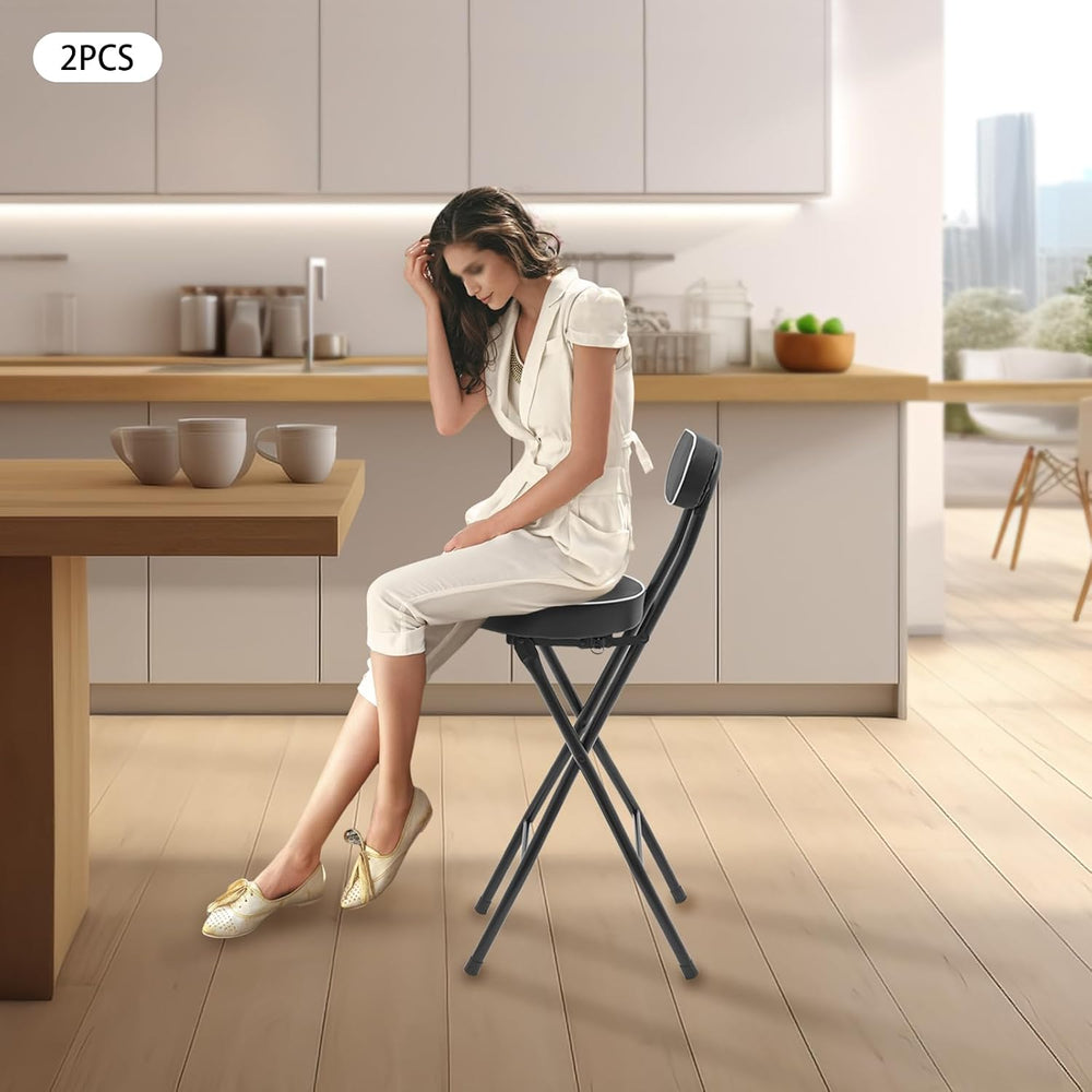 2Pcs-Folding Bar Stool with Back, Black Tall Foldable Chair Counter Height Co...
