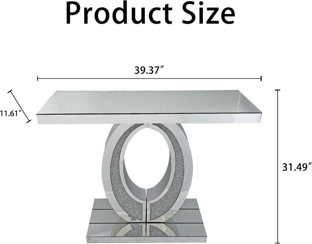 Silver Mirrored Console Table with Crushed Diamond lnlay, 39.5" Modern R...