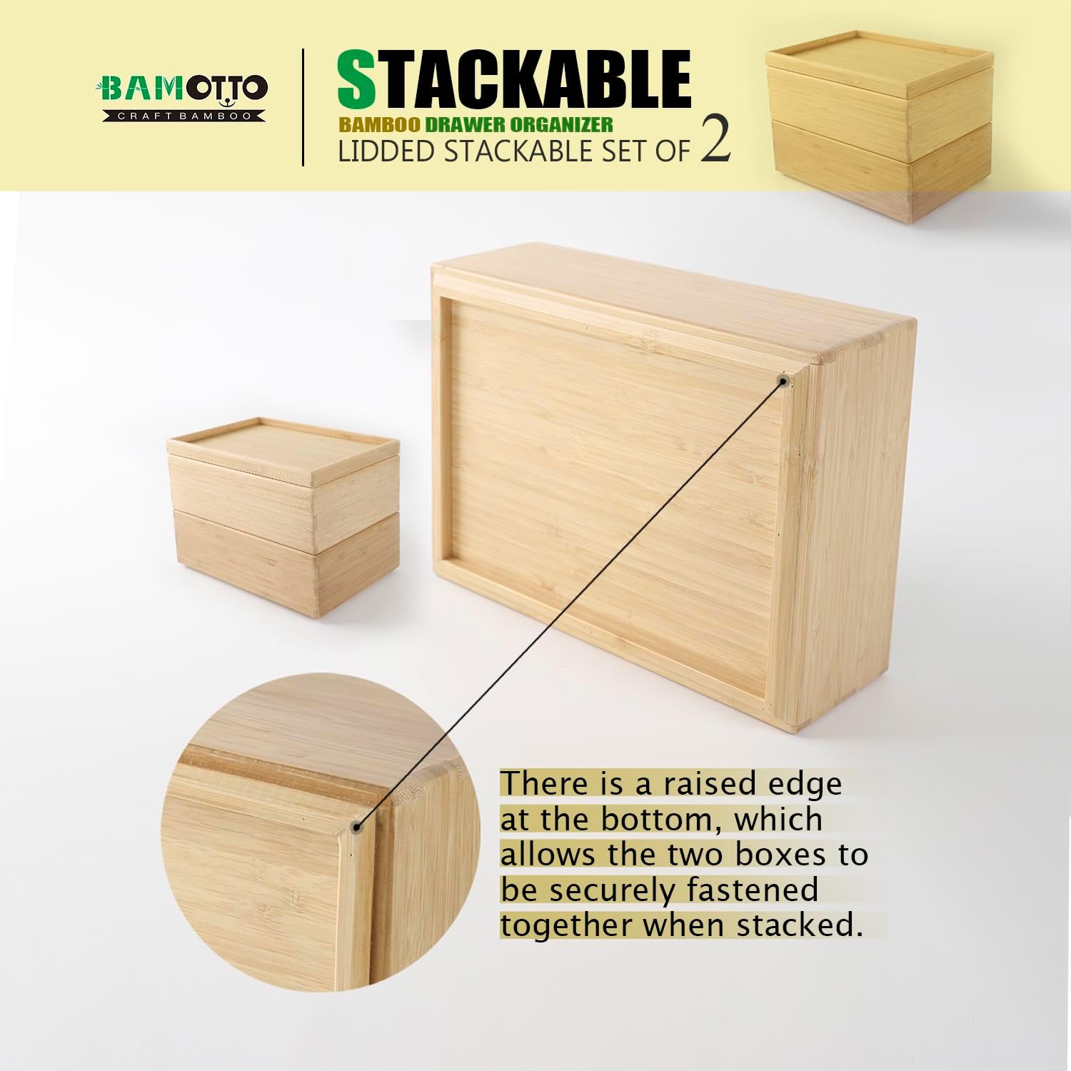 Stackable Bamboo Drawer Organizer Set – 2 Boxes with 1 Lid | Wood-Laminated Trays for Kitchen Utensils, Silverware & Flatware – Storage Fits Cabinets, Pantry, Bathroom & Office | 10.2"x7.3" (2-Pack)