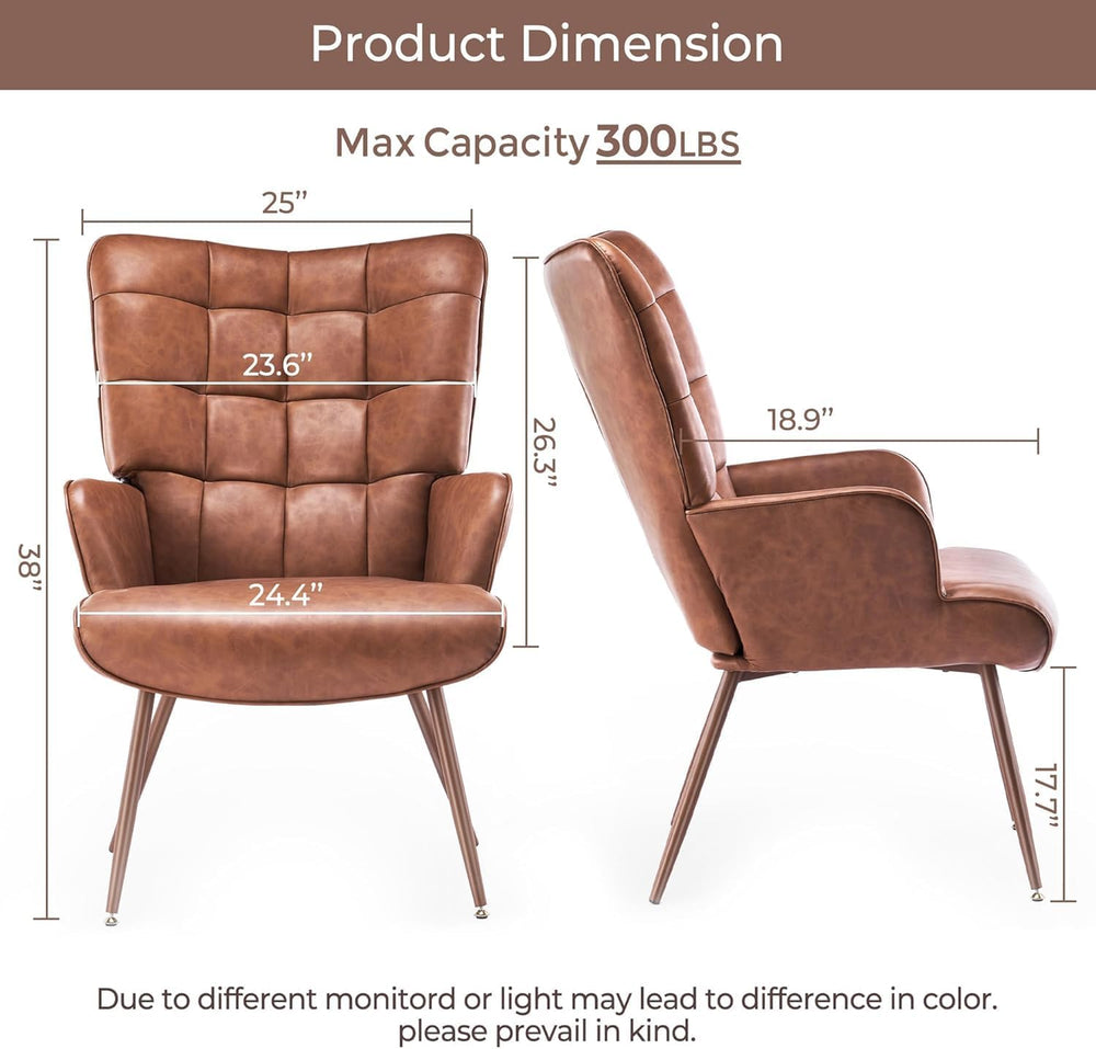 Kosydown PU Leather Wingback Accent Chair with High Back & Tufting, Brown...