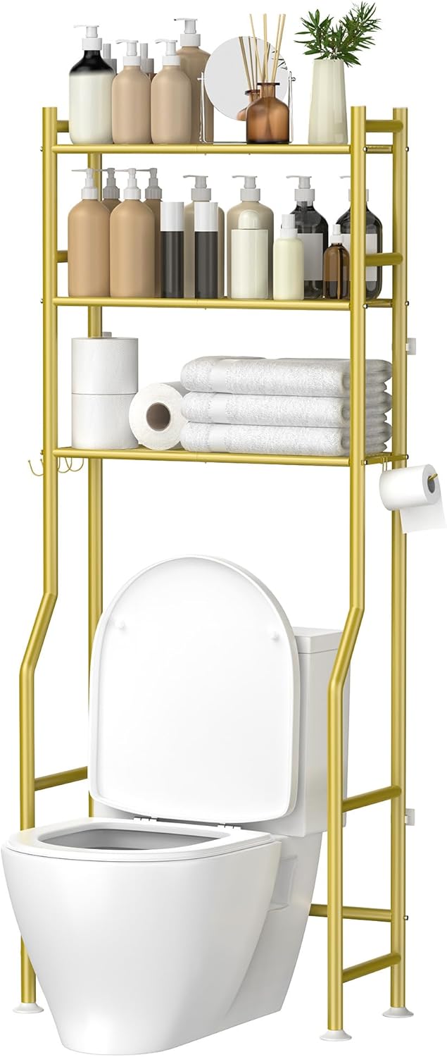3-Tier Over The Toilet Storage, Space Saver Metal Bathroom Shelves, Freestanding Above Over Toilet Storage Shelf with 4 Hooks for Bathroom, Gold