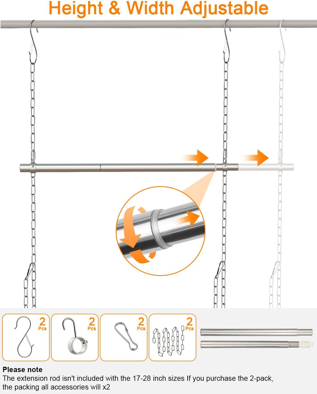 Hanging Closet Rod, Adjustable Width and Height Closet Rods Extender, 17-40inch Heavy-Duty Stainless Steel Bar, Space-Saving Closet Rod Hanging Clothes, 2Pack(Silver)