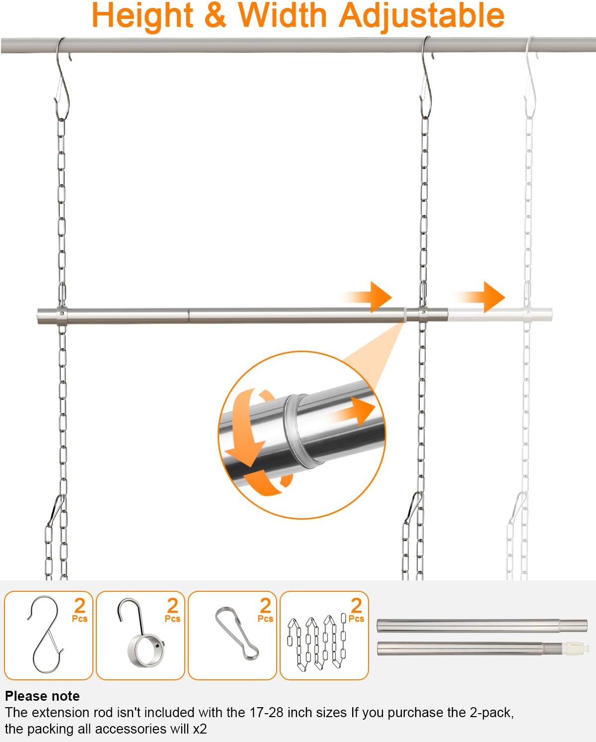 Hanging Closet Rod, Adjustable Width and Height Closet Rods Extender, 17-28inch Heavy-Duty Stainless Steel Bar, Space-Saving Closet Rod Hanging Clothes, 1Pack(Silver)