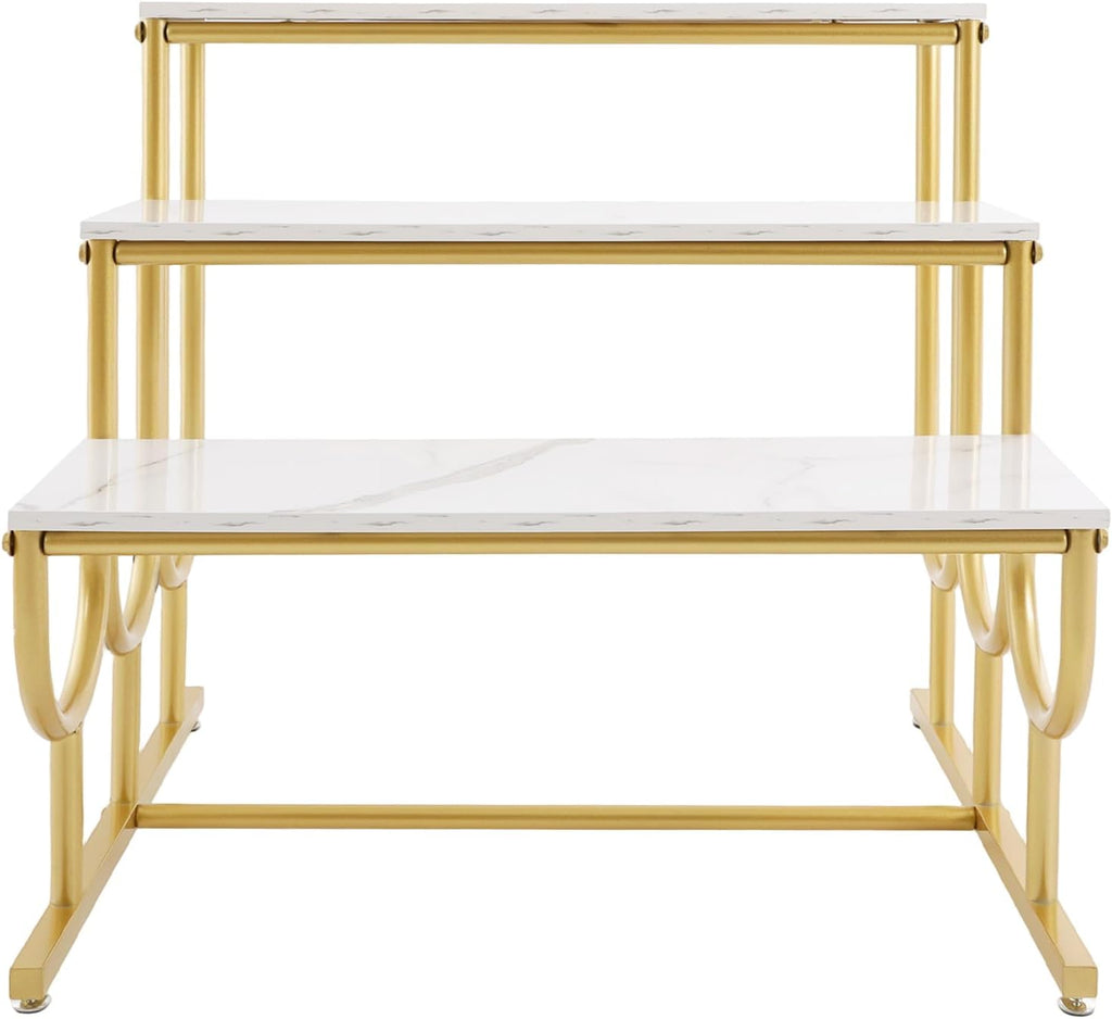 Metal Shoe Handbag Display Stand, 3 Tier Heavy Duty Display Riser Shelf, Modern Retail Display Table, Carbon Steel and Solid Wood, Gold