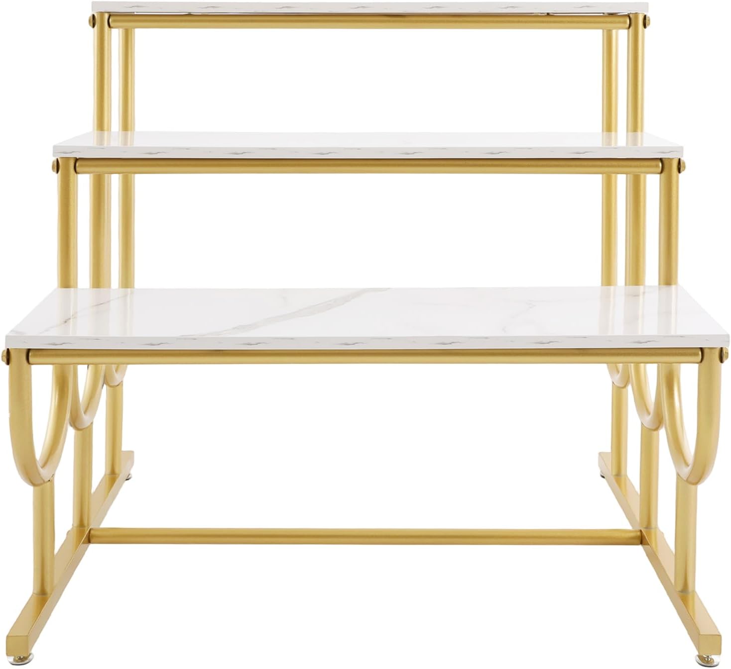 Metal Shoe Handbag Display Stand, 3 Tier Heavy Duty Display Riser Shelf, Modern Retail Display Table, Carbon Steel and Solid Wood, Gold