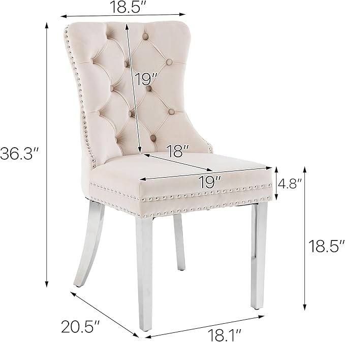 KCC Velvet Dining Chairs Set of 6, Upholstered High-end Tufted Dining Room Chair with Nailhead Back Ring Pull Trim Stainless Steel Legs, Contemporary Nikki Collection Modern Style for Kitchen, Beige