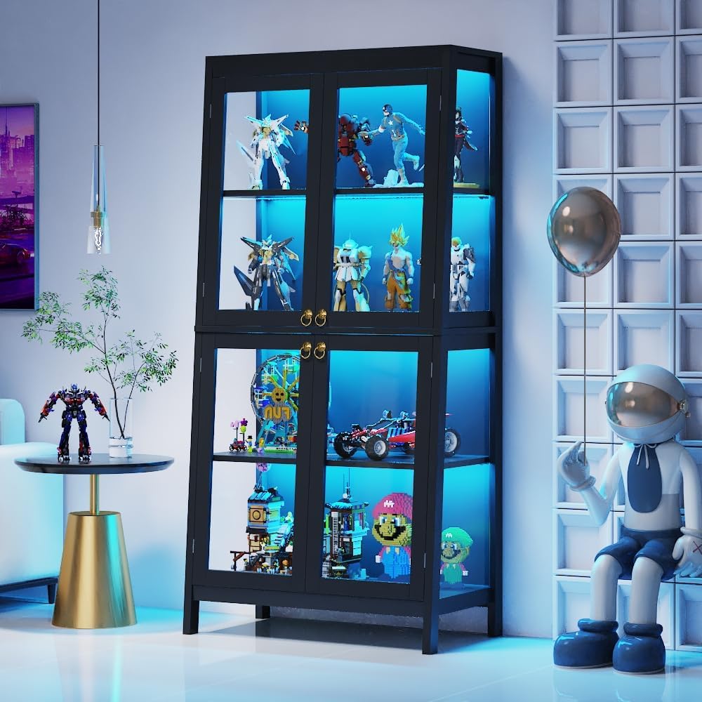 Saudism Display Cabinet with Glass Doors, 4-Tier Curio Cabinet with LED Lights, 60,000 Color Lights for Collectibles, Glass Display Case with App Control, Bookcase, Storage Cabinet, Black