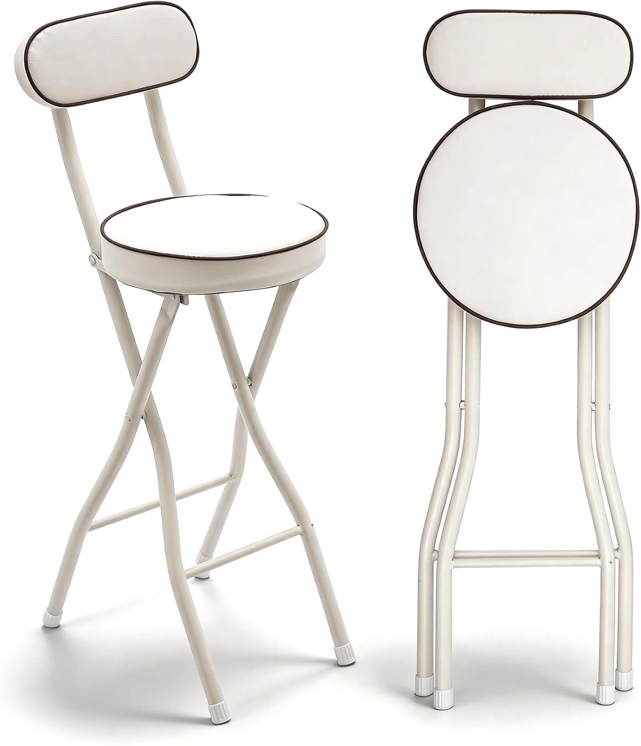 2 PCS Folding Bar Stool with Back, Set of 2-Folding Bar Stool Chair with Back, Tall Foldable Stool Seat Padded Portable Stools Counter Height Foldable Stools for Adults Kitchen Island (White)