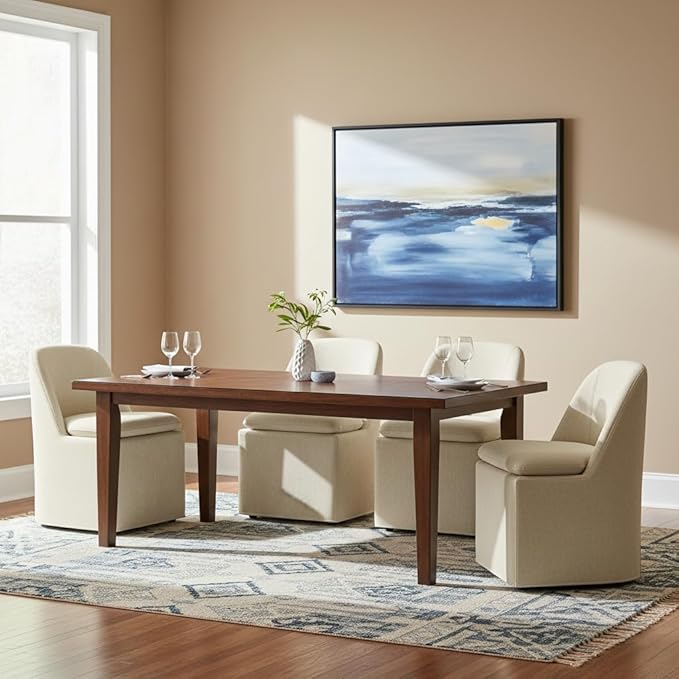 Upholstered Dining Chairs with Casters, Washable Cover Modern Dining Room Chairs with Thick Cushion & Sturdy Metal Frame for Kitchen, Living Room, Dressing Room, Sand Fabric, Set of 4