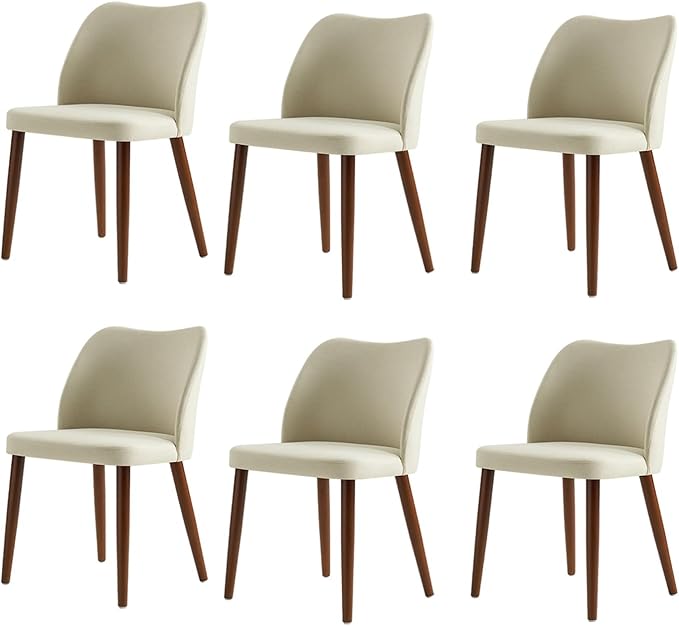 Dining Chairs Set of 6, Upholstered Kitchen Dining Room Chair Set Morden Accent Side Dinner Chair with Curved Padded Back Wood Legs for Restaurant/Cafe, Ivory