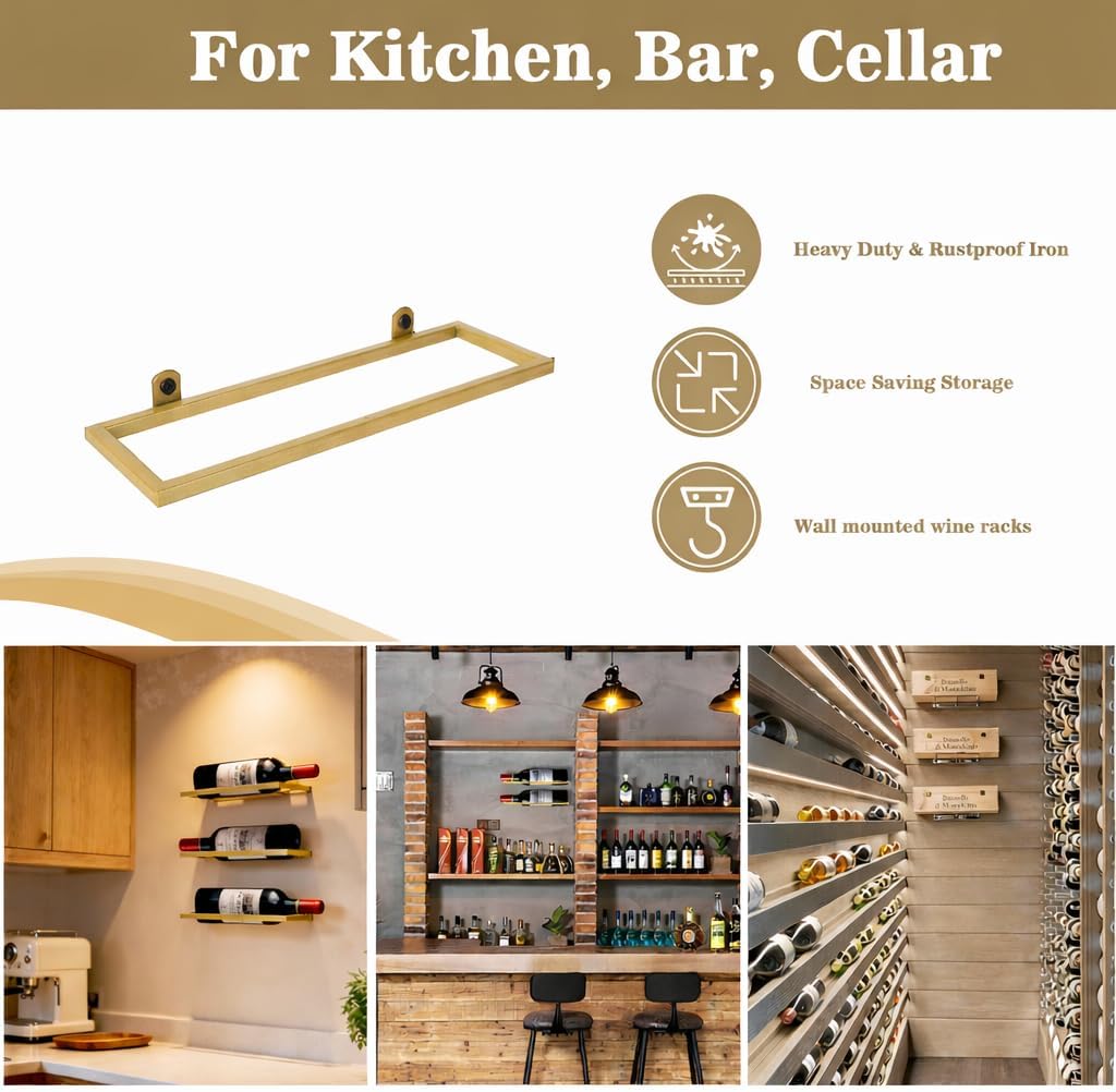 6-Shelf Metal Wall Mounted Wine Rack - Hanging Wine Bottle Holder Organizer for Kitchen, Bar, Home Storage - 6PCS Iron Wine Bottle Display Stand (6PCS-Gold)
