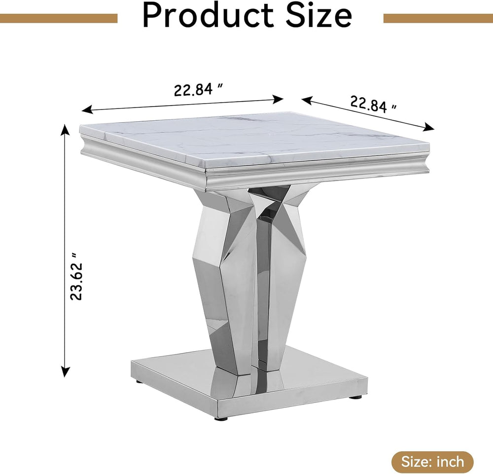 23in Faux Marble End Table w/Y Stainless Steel Base, Night Stand Square End T...