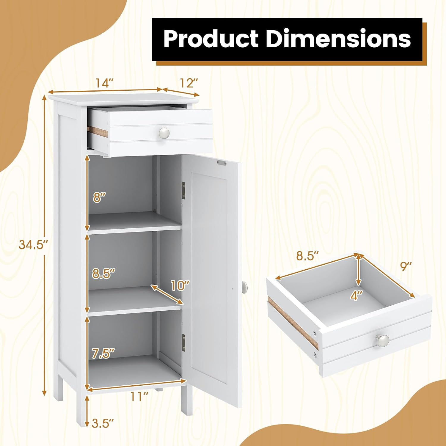 Giantex 34.5" Bathroom Cabinet with Drawer & Single Door (White) | Narrow Side Storage Organizer with 6 Shelf Positions, Freestanding Floor Storage Cabinet for Bathroom, Living Room, Entryway
