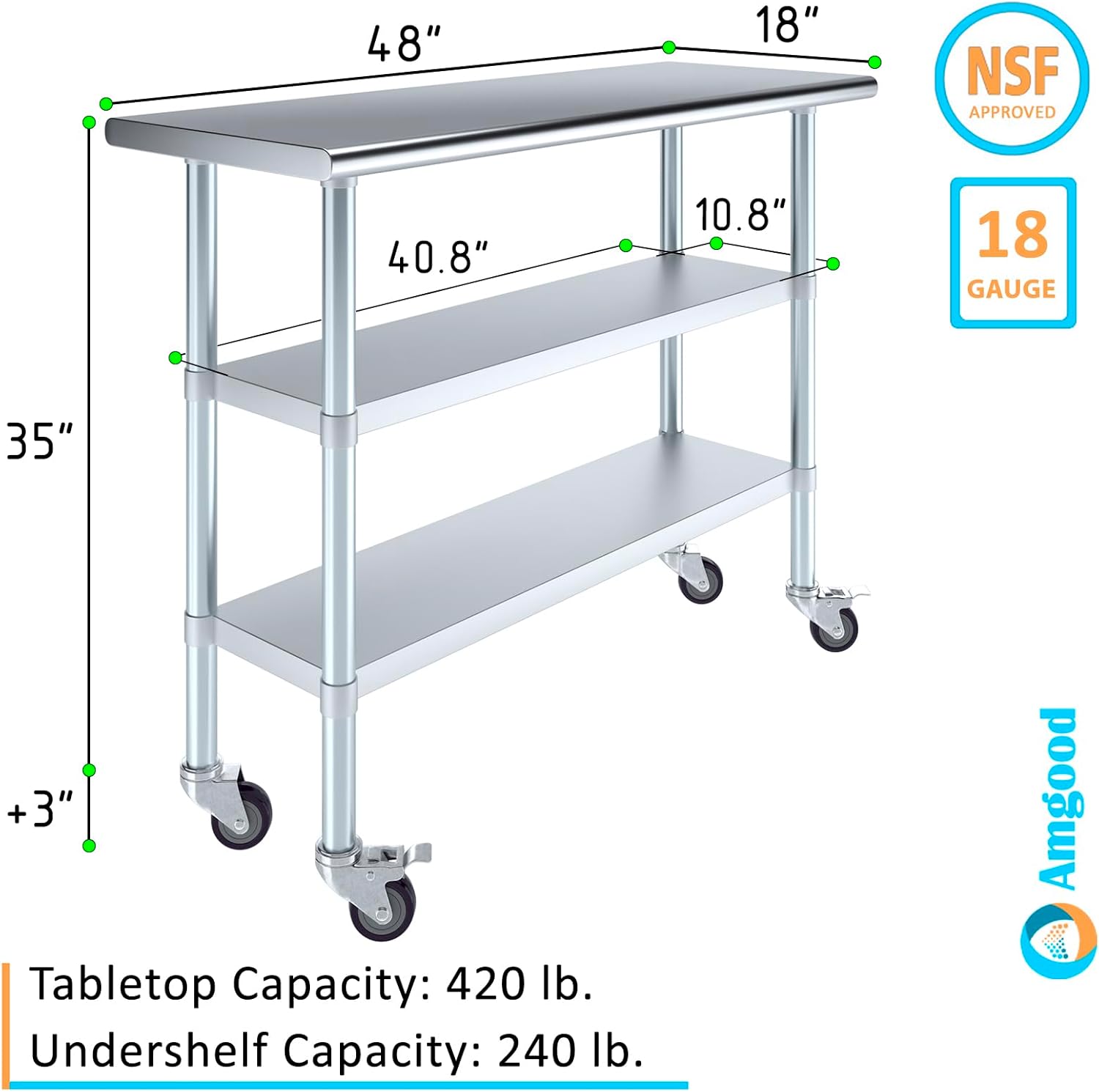 AmGood Stainless Steel Work Table with 2 Shelves and Casters | Metal Utility Table On Wheels (Stainless Steel Work Table with 2 Shelves + Casters, 48" Long x 18" Deep)