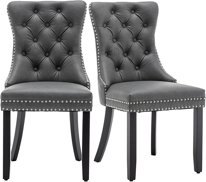 Leather Dining Chairs Set of 2, Upholstered Dining Room Chairs with Nailhead Trim, Sillas de Comedor Modernas 2, Wooden Kitchen Chairs for Dining Room, Living Room, Kitchen, Bedroom, Grey