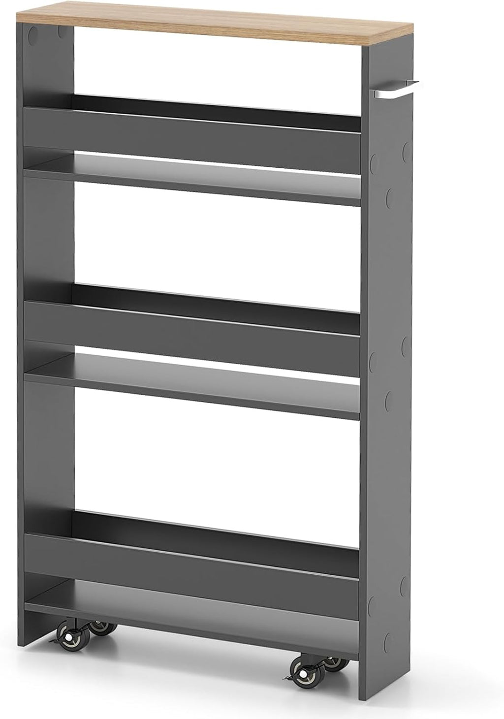 MAT EXPERT Slim Rolling Storage Cart, 4-Tier Freestanding Slim Storage Cart with Wheels 360 Degree & Metal Handle, Wooden Utility Cart for Narrow Kitchen, Laundry Room, Bathroom (Grey + Natural)