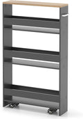 MAT EXPERT Slim Rolling Storage Cart, 4-Tier Freestanding Slim Storage Cart with Wheels 360 Degree & Metal Handle, Wooden Utility Cart for Narrow Kitchen, Laundry Room, Bathroom (Grey + Natural)