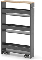 MAT EXPERT Slim Rolling Storage Cart, 4-Tier Freestanding Slim Storage Cart with Wheels 360 Degree & Metal Handle, Wooden Utility Cart for Narrow Kitchen, Laundry Room, Bathroom (Grey + Natural)