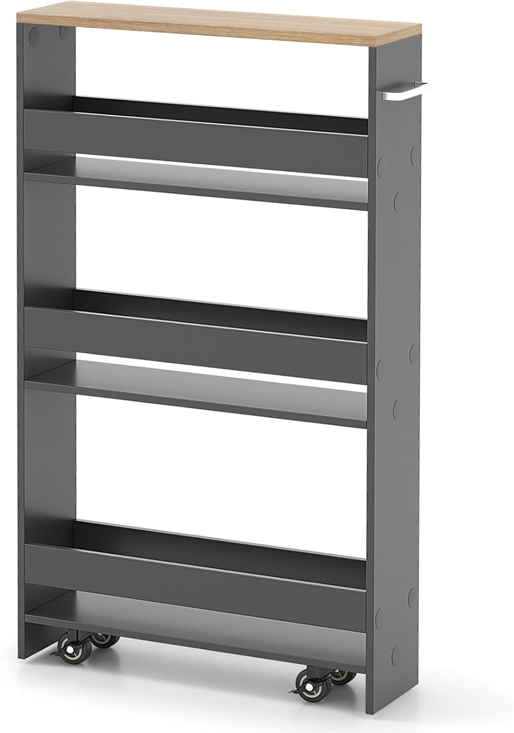 MAT EXPERT Slim Rolling Storage Cart, 4-Tier Freestanding Slim Storage Cart with Wheels 360 Degree & Metal Handle, Wooden Utility Cart for Narrow Kitchen, Laundry Room, Bathroom (Grey + Natural)