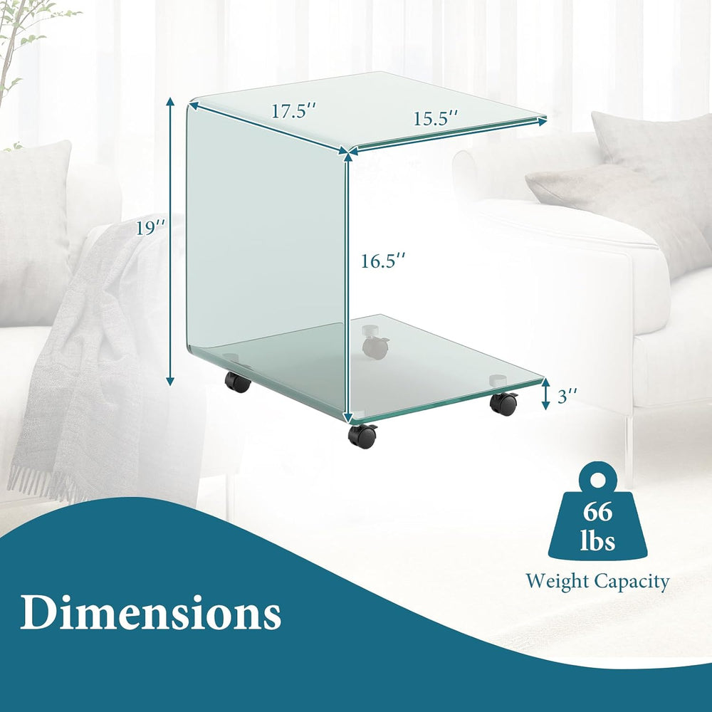 Tangkula Tempered Glass Side Table, Modern C-Shaped Bedside Table Nightstand ...