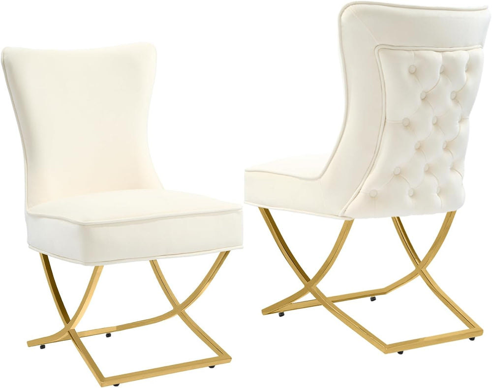LOULENS Velvet Dining Chairs Set of 2, Tufted Wingback Gold X-Legs, Beige