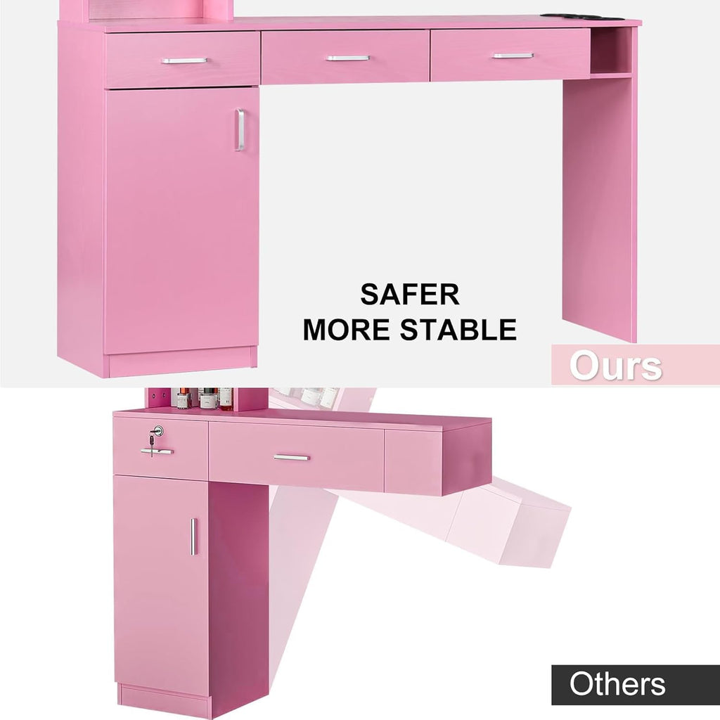 4ever2buy Barber Station for Hair Stylist, Salon Wall Station with Barber Cabinet, Hair Stations Equipment Hair Dryer Holder, Drawers (Pink)