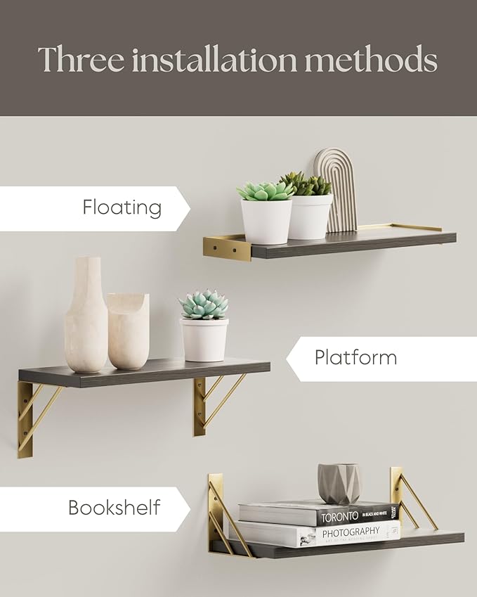 BAYKA Wall Shelves for Bedroom Decor, Floating Wall Shelves for Living Room Kitchen Storage, Wall Mounted Rustic Wood Floating Shelves for Kids Books, Corner Shelves for Bathroom, Office(Set of 3)