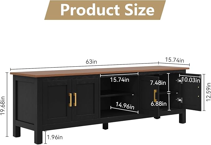 ARTPOWER 63 Inch TV Stand for Living Room TVs up to 75", Farmhouse Entertainment Center with Storage, Black TV Console with Cabinet, Under TV Cabinet for Bedroom