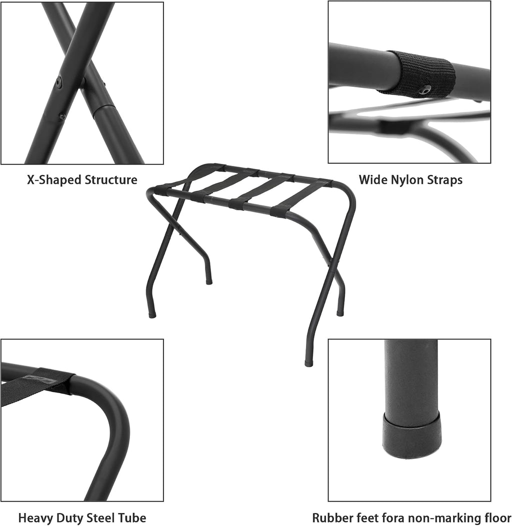 Folding Luggage Rack, Heavy Duty Metal Suitcase Stand with Nylon Straps, Collapsible Luggage Rack for Guest Room Space-Saving Luggage Organizer for Bedroom & Hotel