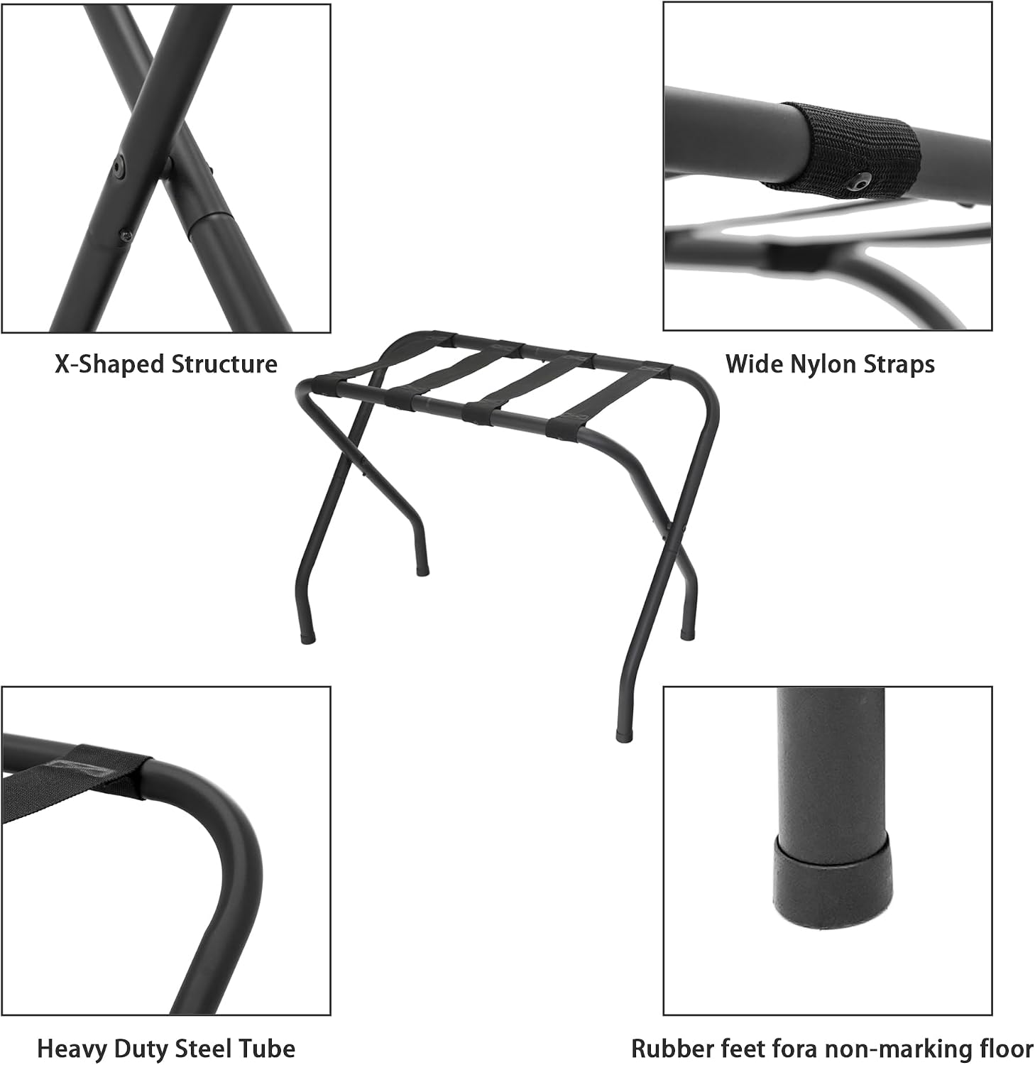 Folding Luggage Rack, Heavy Duty Metal Suitcase Stand with Nylon Straps, Collapsible Luggage Rack for Guest Room Space-Saving Luggage Organizer for Bedroom & Hotel