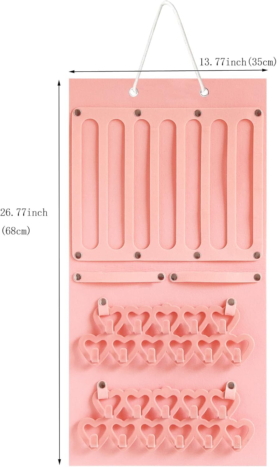 Hanging Jewelry Organizer for Girls Storage Holder Display Board Felt Wall with Detachable hooks Headband Holder Hair Clips Hair Ties Earrings Necklace Hair Clips Home Decor Pink