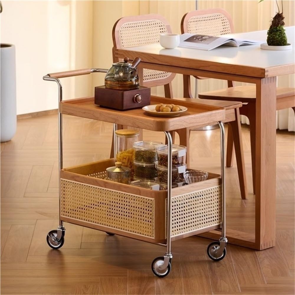 Wood Mobile Side Table with Wheels 2-Layer Storage Rolling Coffee Table End T...
